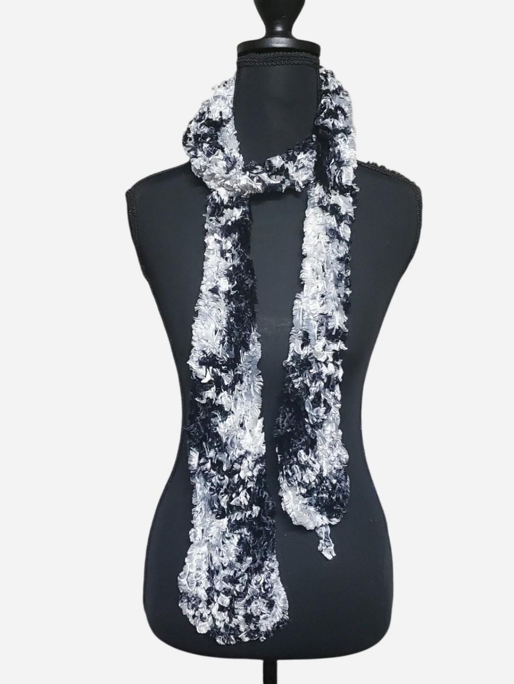 Y2k Fuzzy Scarf Womens One Size 64" Long 4" Wide Black White Soft Vntg Boho